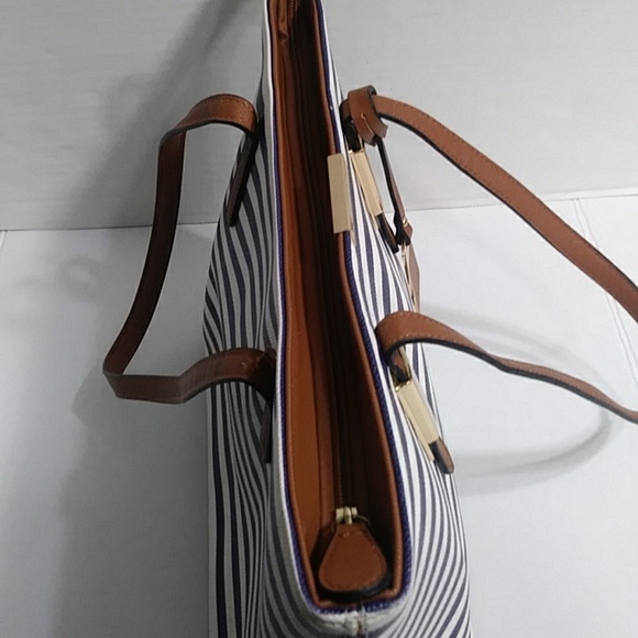 ALDO Navy Blue & White Striped Tote Bag With Brown Handles *EUC* - Picture 7 of 9